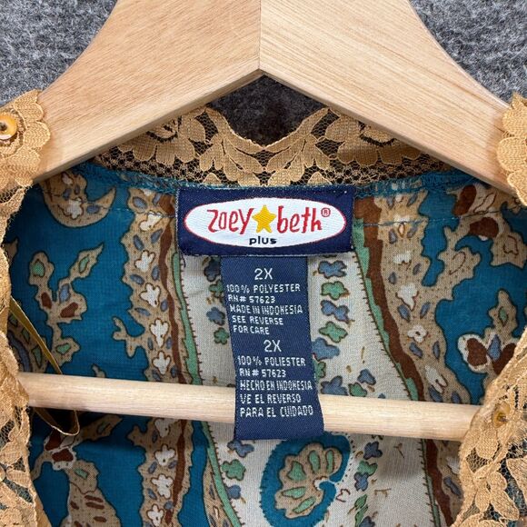 New Zoey Beth Blouse Women 2X Plus Blue Paisley V-Neck Tasseled Long Sleeve - Picture 3 of 7